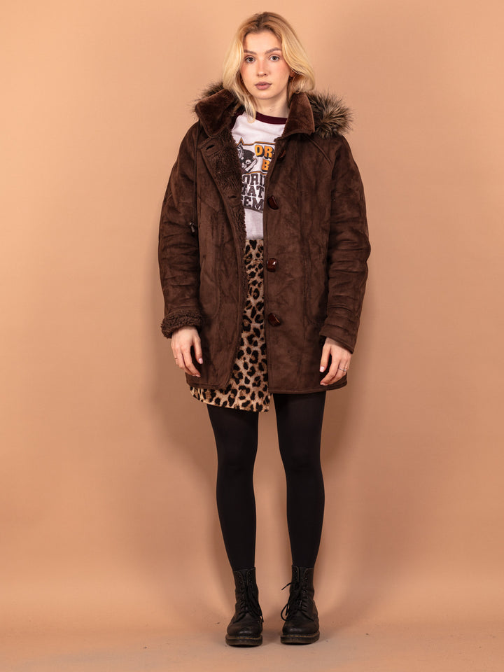 Vintage 90's Women Hooded Faux Sheepskin Coat in Brown - NorthernGrip
