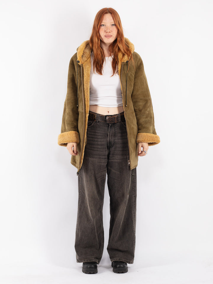 Vintage 90's Women Sheepskin Coat in Green