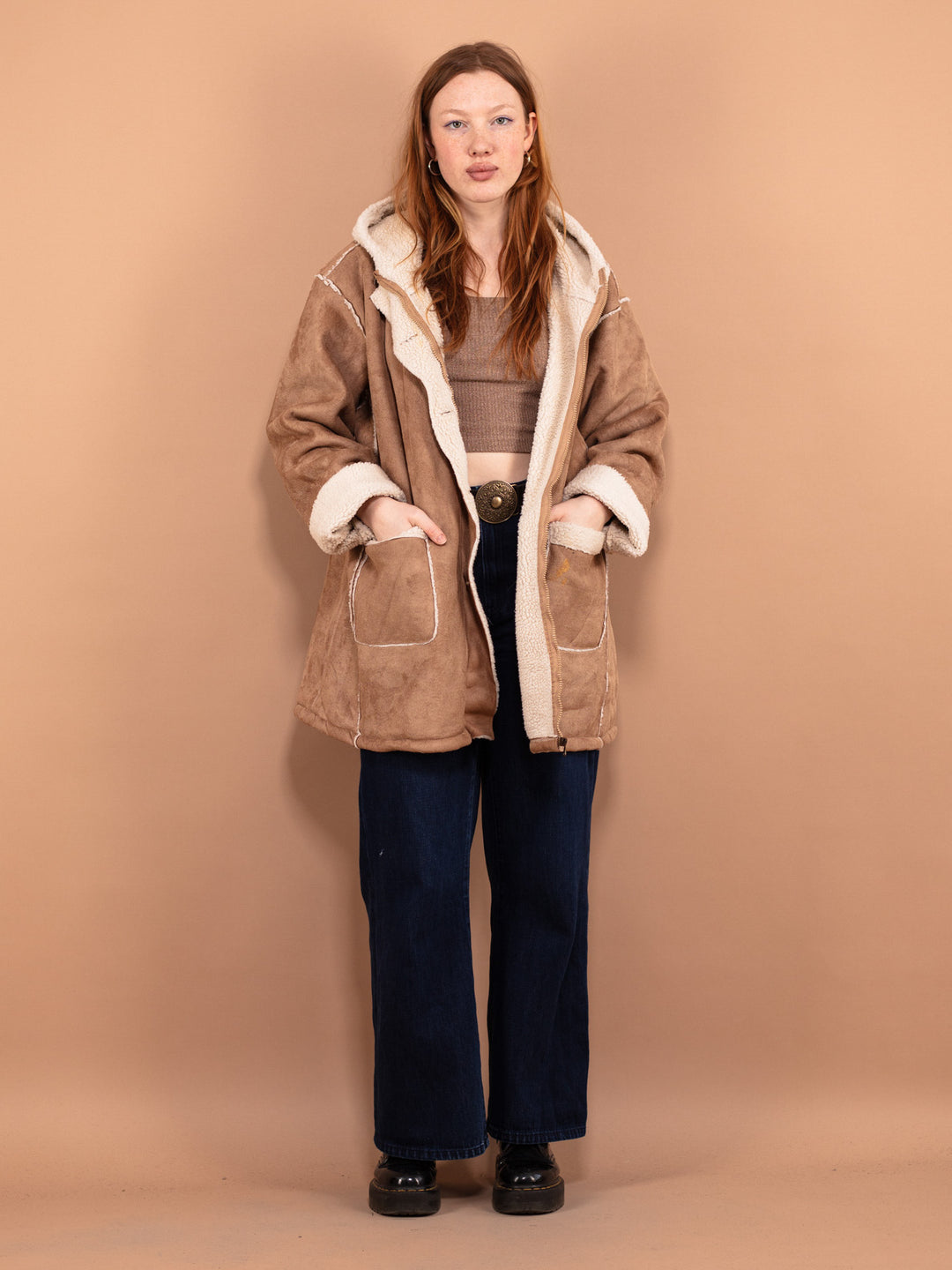 Vintage 90's Women Hooded Sherpa Coat in Beige - NorthernGrip