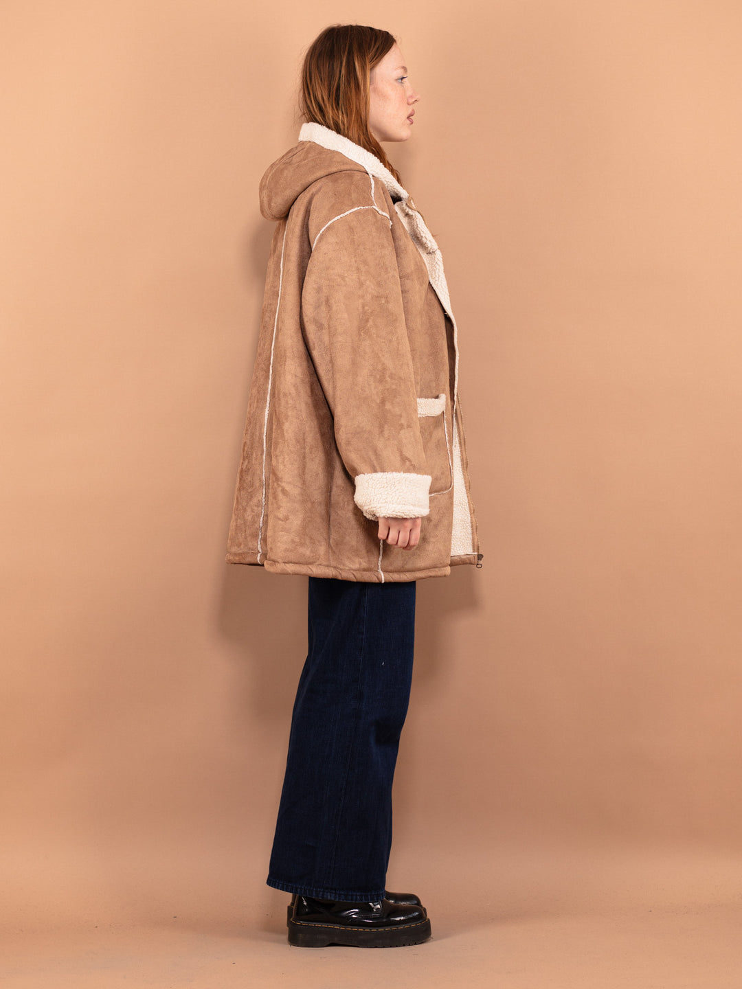 Vintage 90's Women Hooded Sherpa Coat in Beige - NorthernGrip
