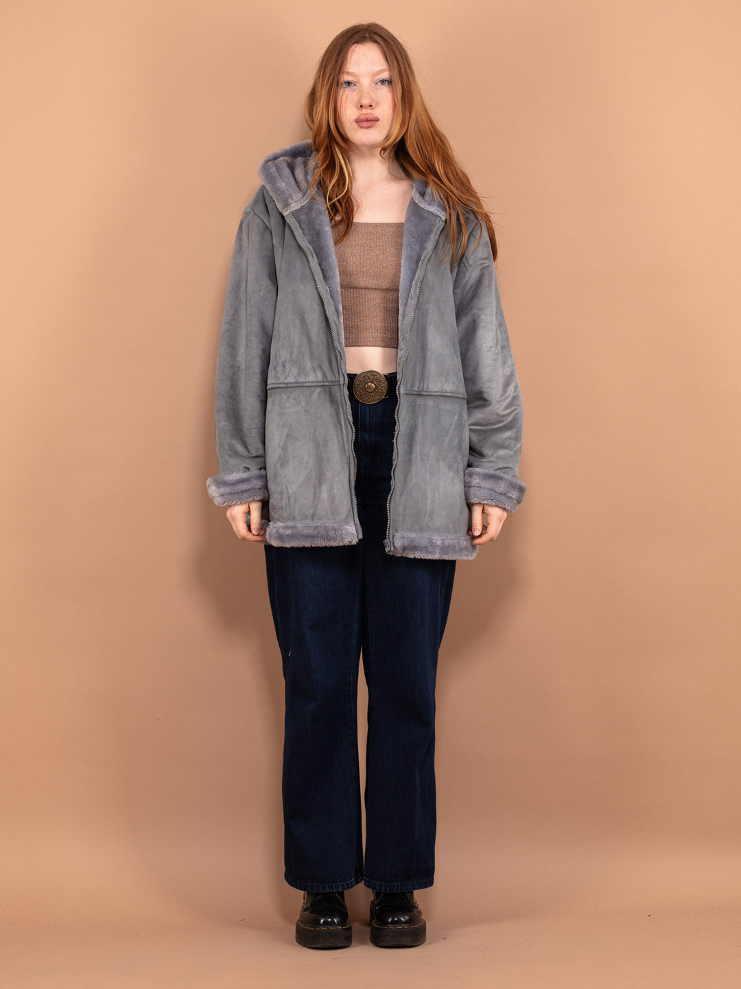 Vintage 90's Women Hooded Sherpa Coat in Blue - NorthernGrip