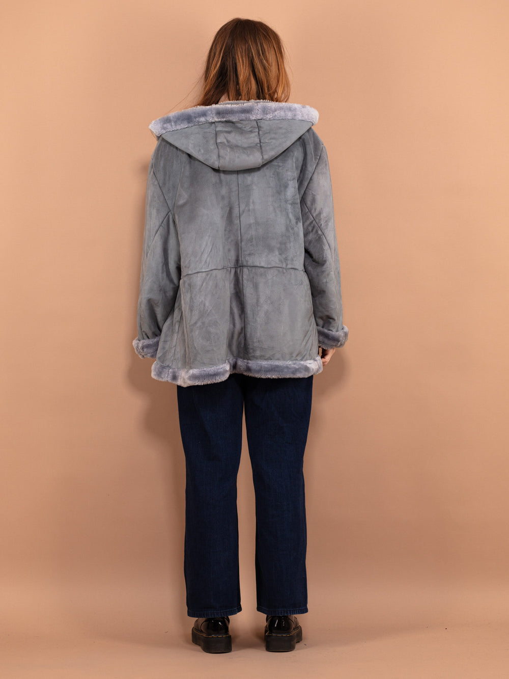 Vintage 90's Women Hooded Sherpa Coat in Blue - NorthernGrip