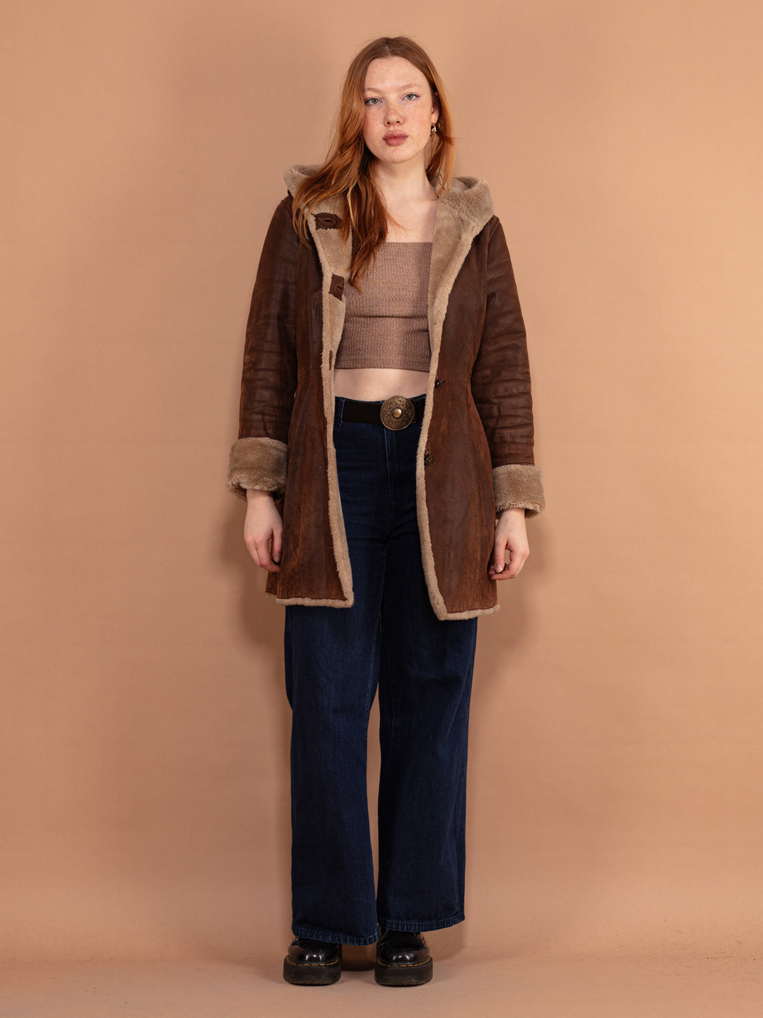 Vintage 90's Women Hooded Suede Sherpa Coat in Brown - NorthernGrip