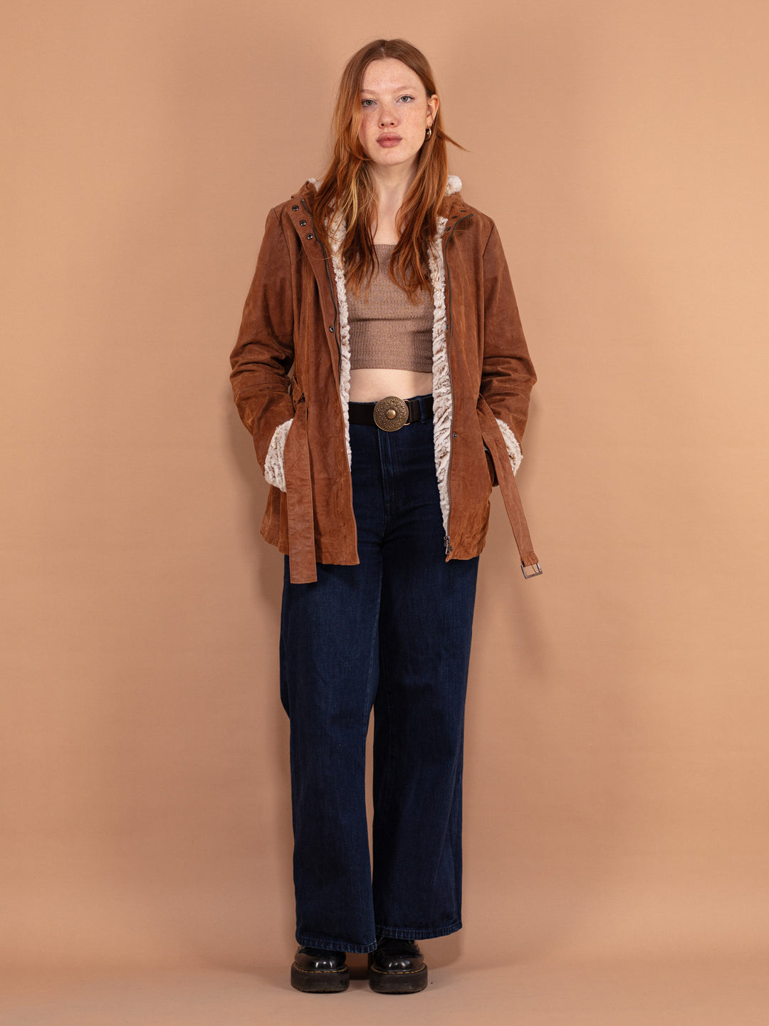 Vintage 90's Women Hooded Suede Sherpa Coat in Brown - NorthernGrip