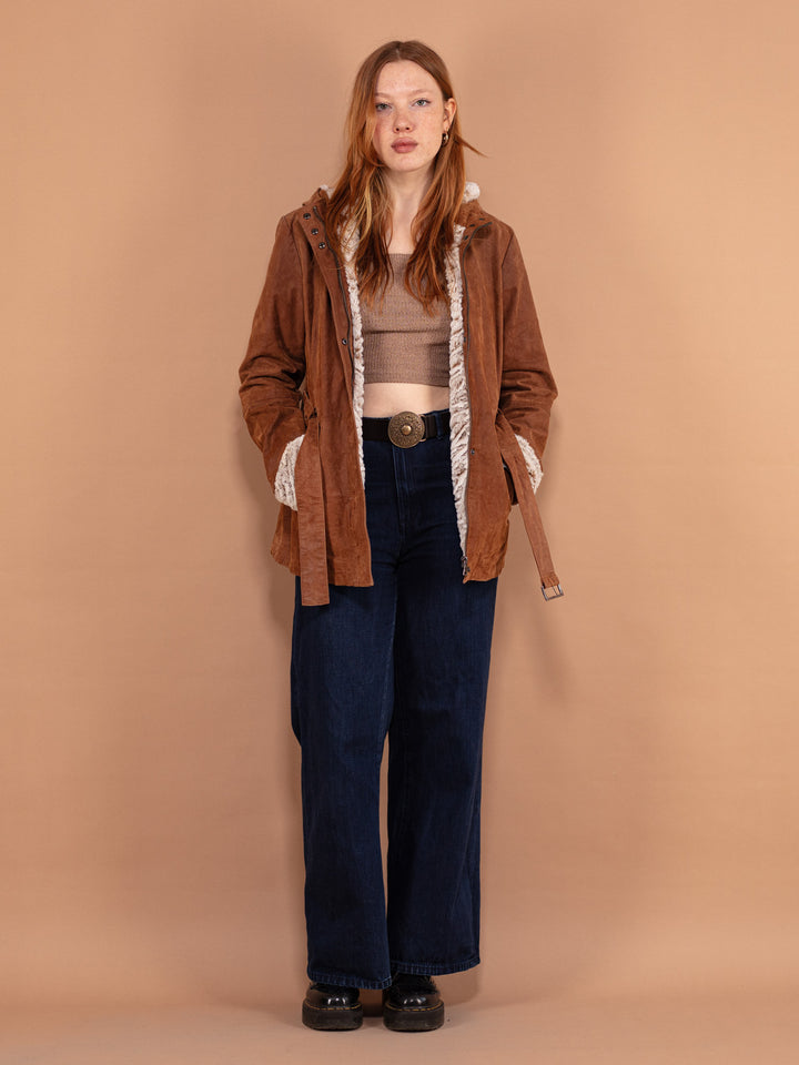 Vintage 90's Women Hooded Suede Sherpa Coat in Brown - NorthernGrip