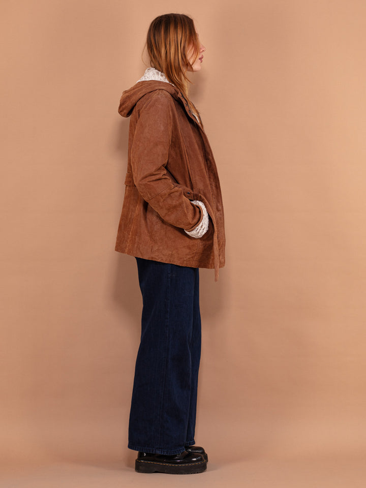 Vintage 90's Women Hooded Suede Sherpa Coat in Brown - NorthernGrip