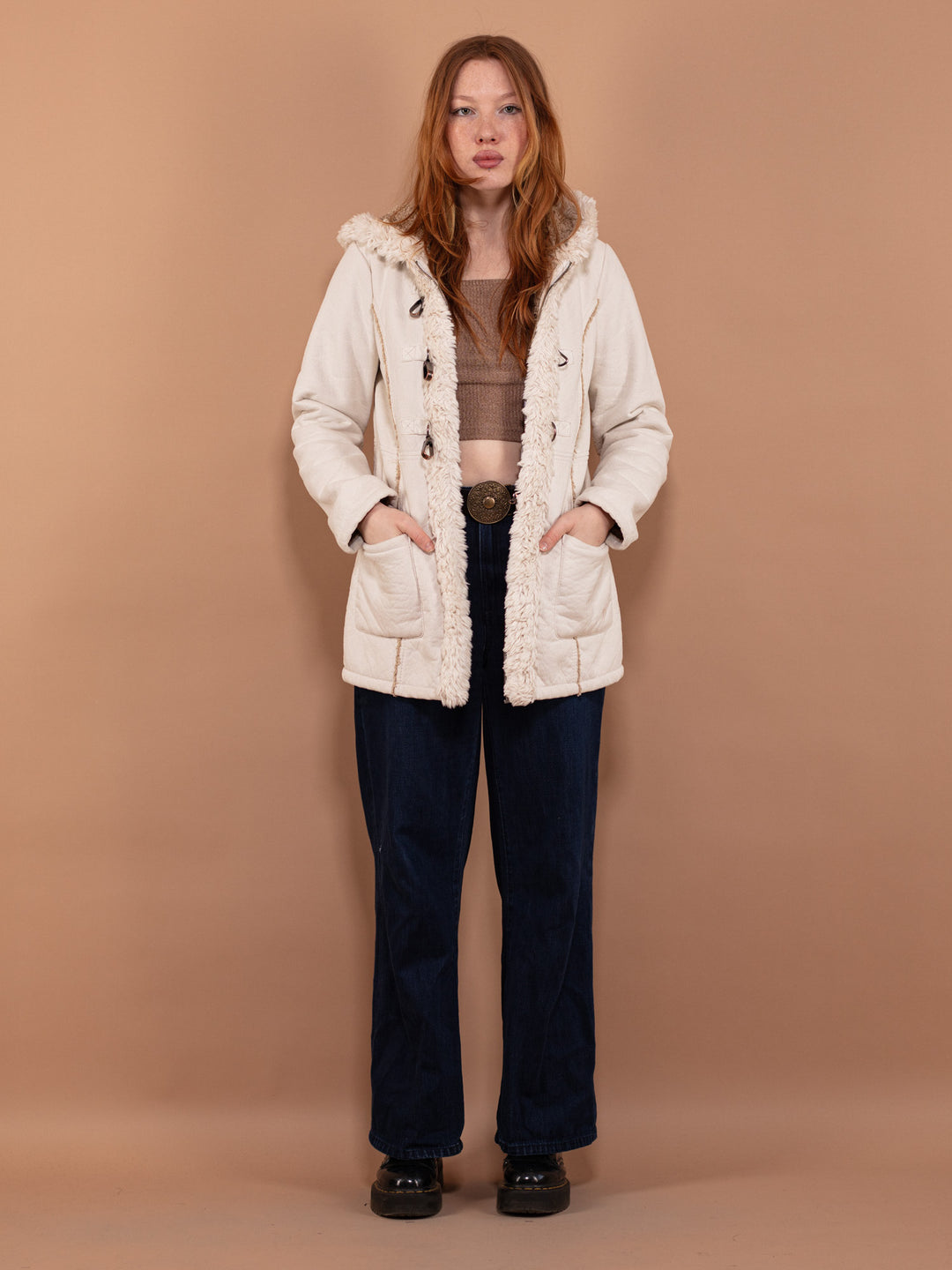 Vintage 90's Women Hooded Sherpa Coat in White - NorthernGrip