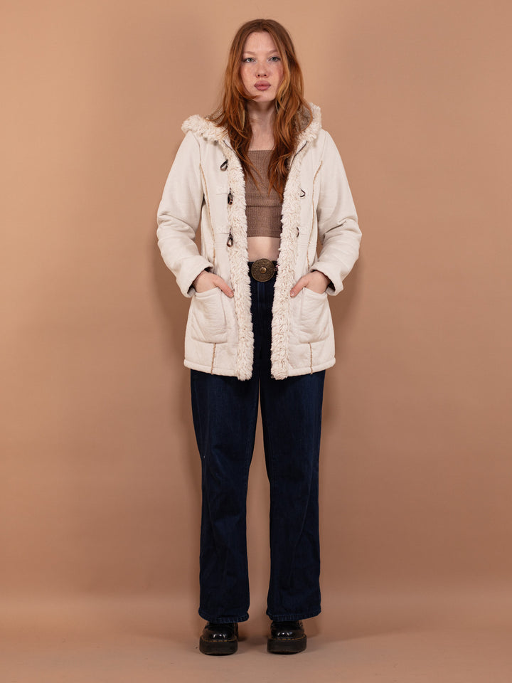 Vintage 90's Women Hooded Sherpa Coat in White - NorthernGrip