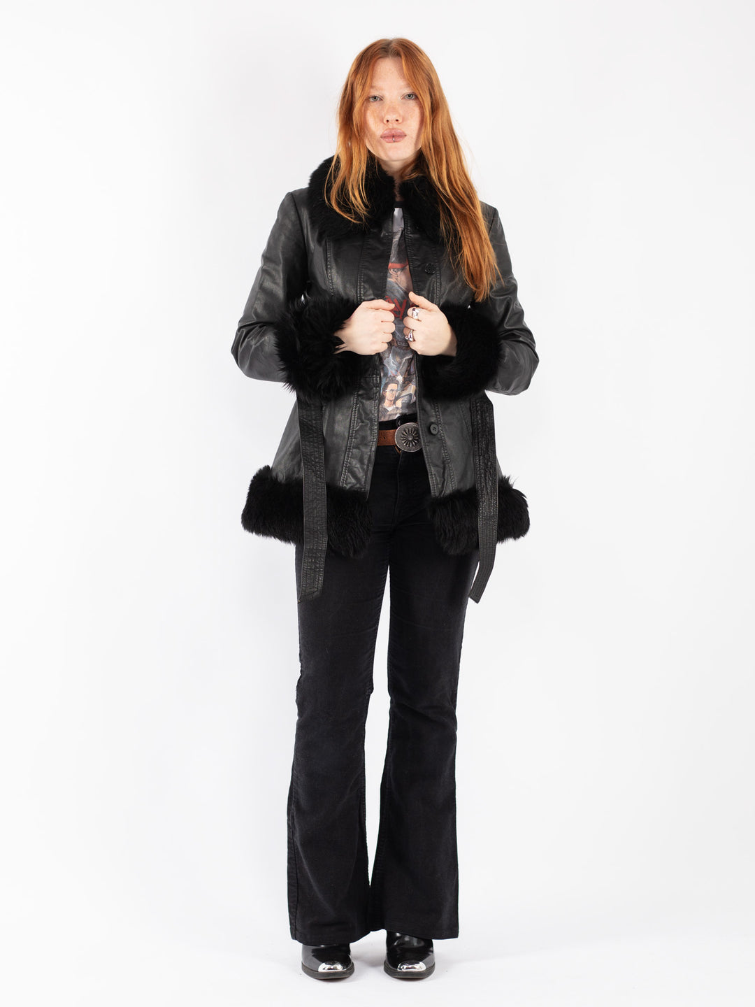 Vintage 90's Women Leather Coat in Black