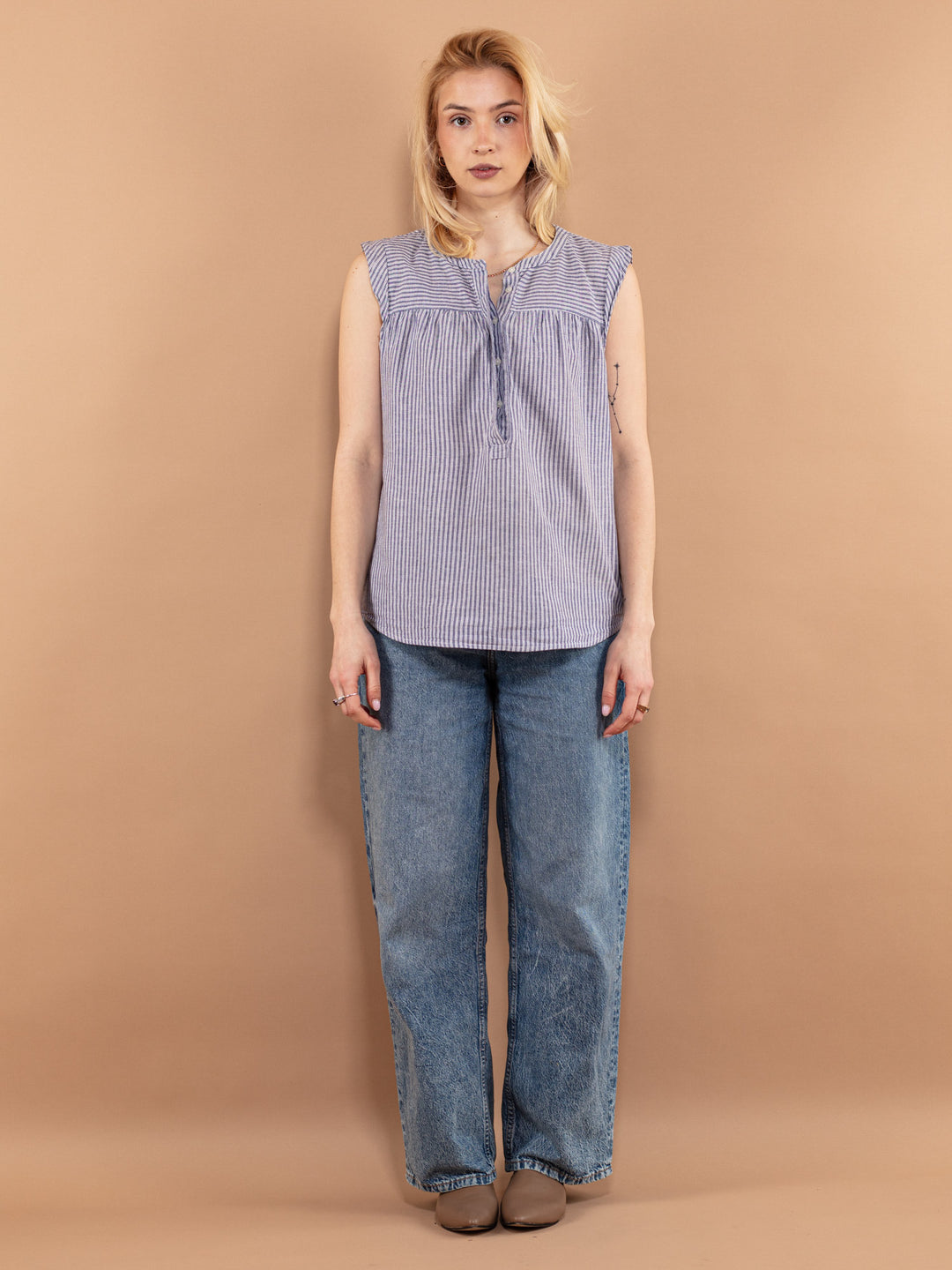 Vintage 90's Women Linen Blend Blouse in Blue - NorthernGrip