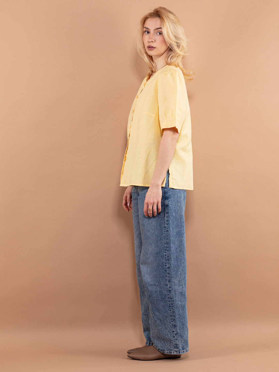 Vintage 90's Women Linen Blend Blouse in Yellow - NorthernGrip