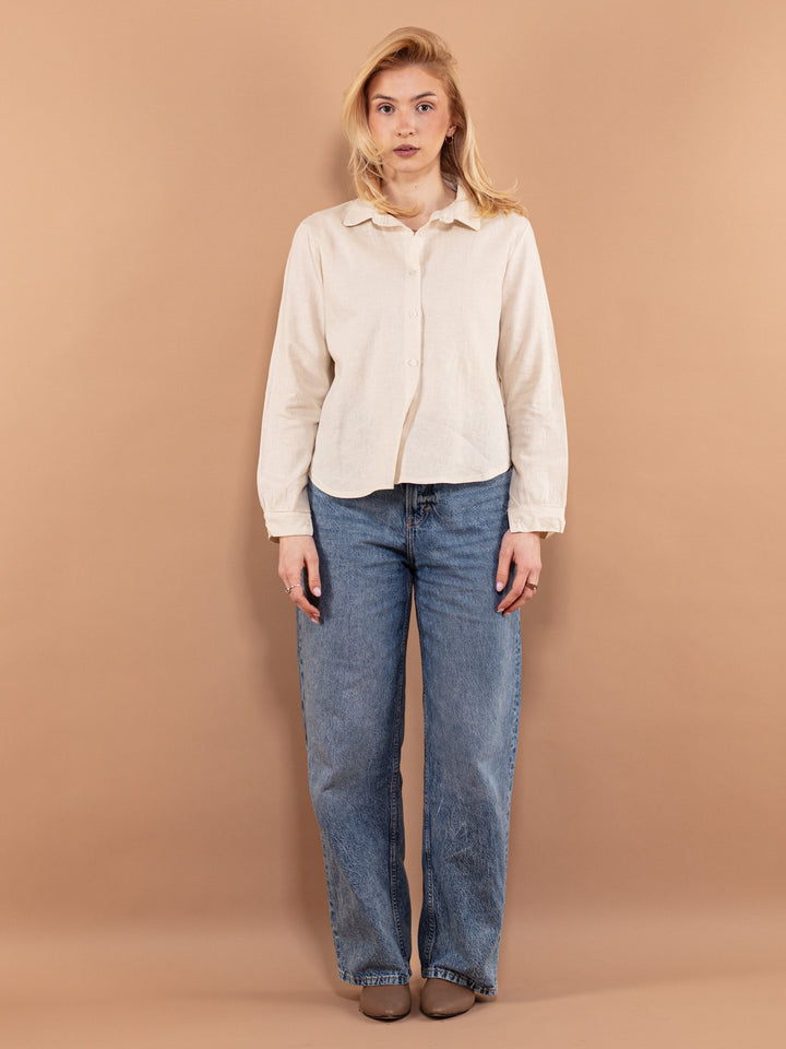 Vintage 90's Women Linen Blend Shirt in Beige White - NorthernGrip