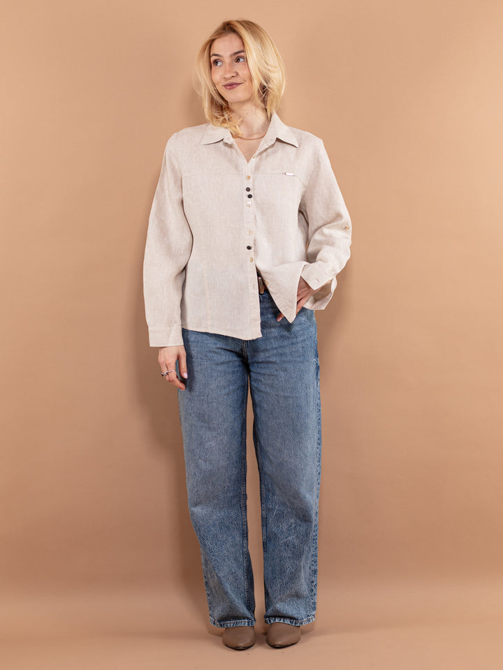 Vintage 90's Women Linen Shirt in Beige White - NorthernGrip