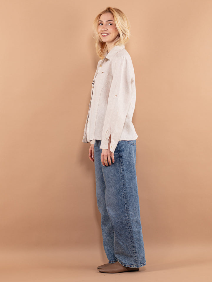 Vintage 90's Women Linen Shirt in Beige White - NorthernGrip