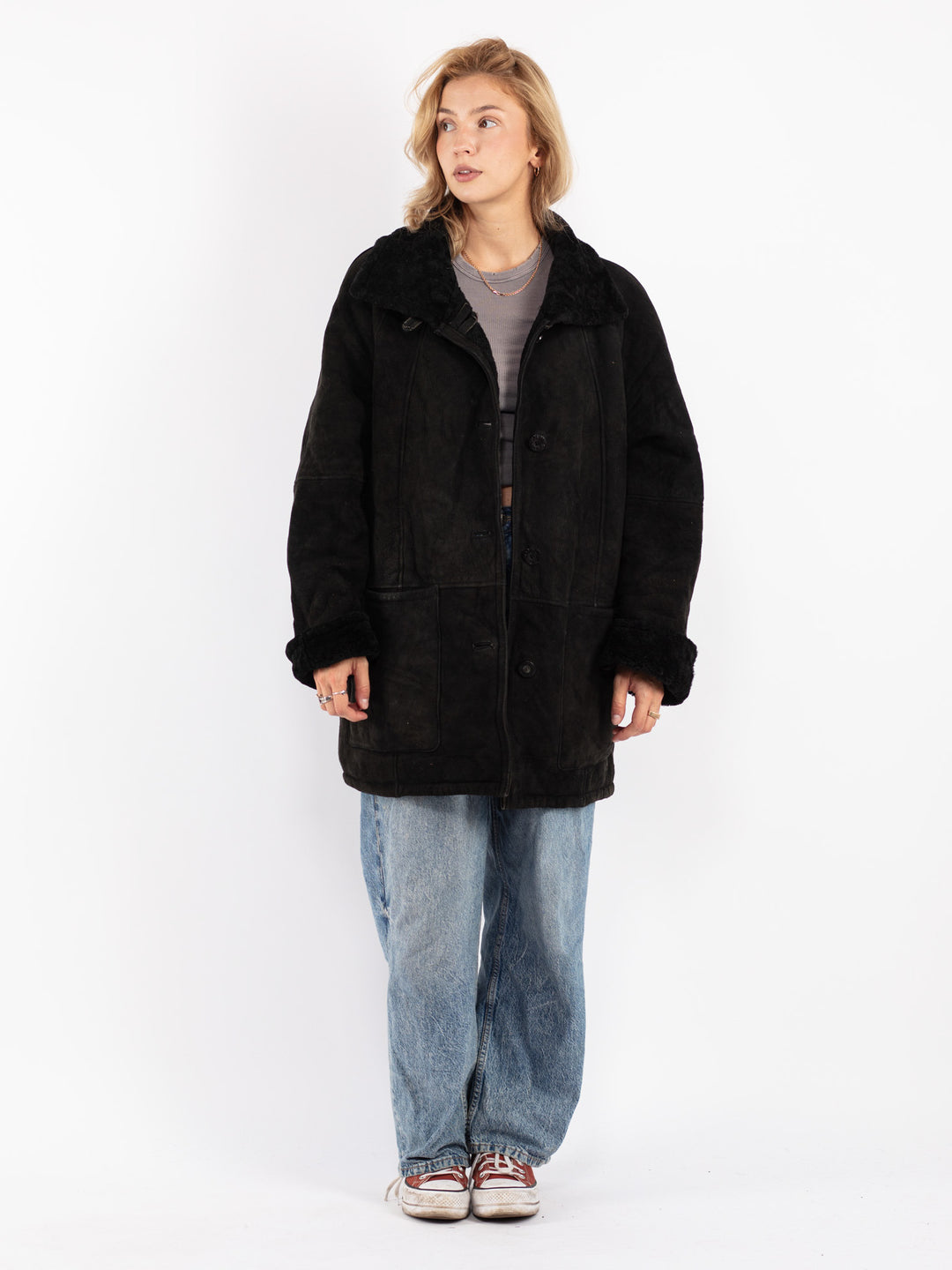 Vintage 90's Women Sheepskin Coat in Blue