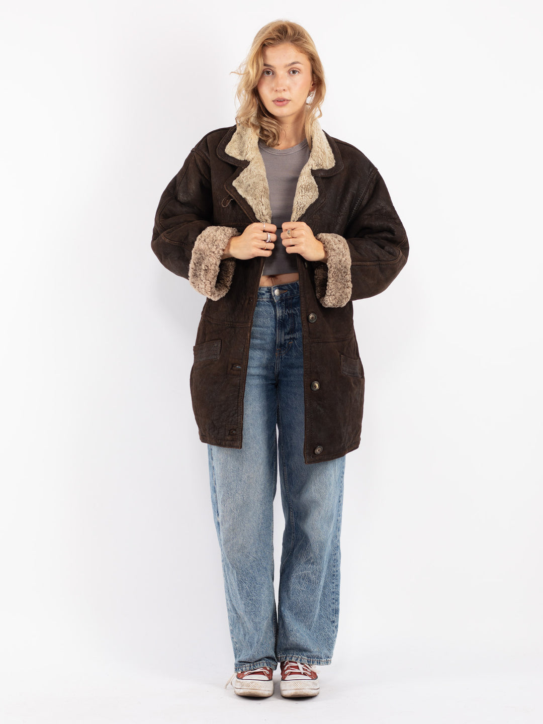 Vintage 90's Women Sheepskin Coat in Brown