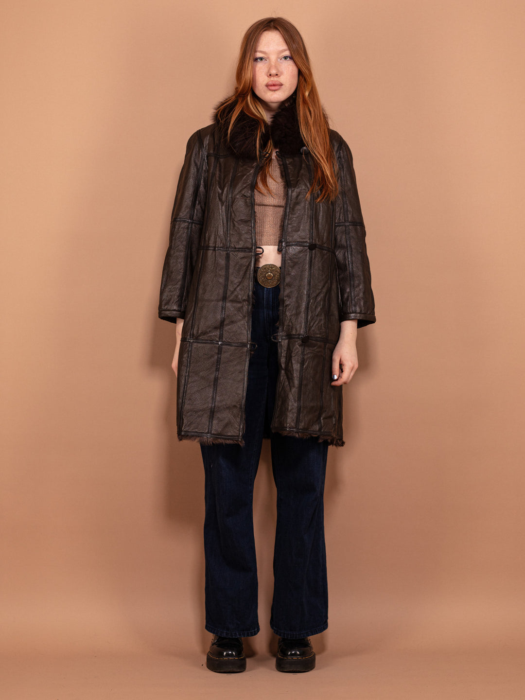 Vintage 90's Leather Fur Coat in Brown - NorthernGrip