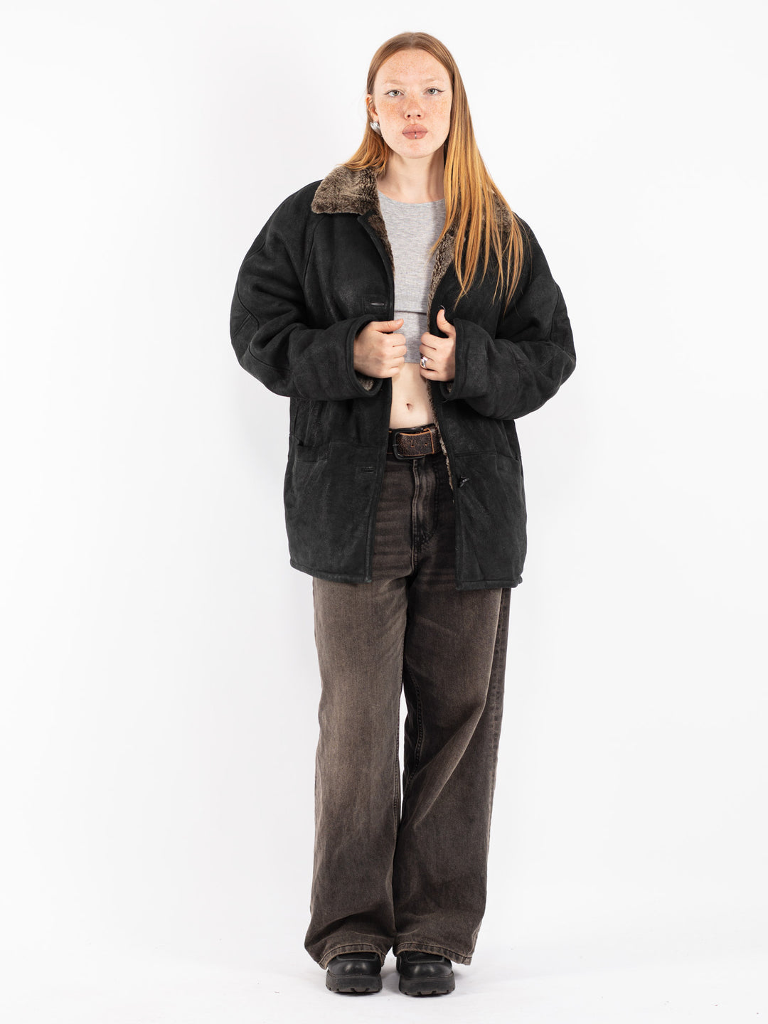 Vintage 90's Women Sheepskin Coat in Black
