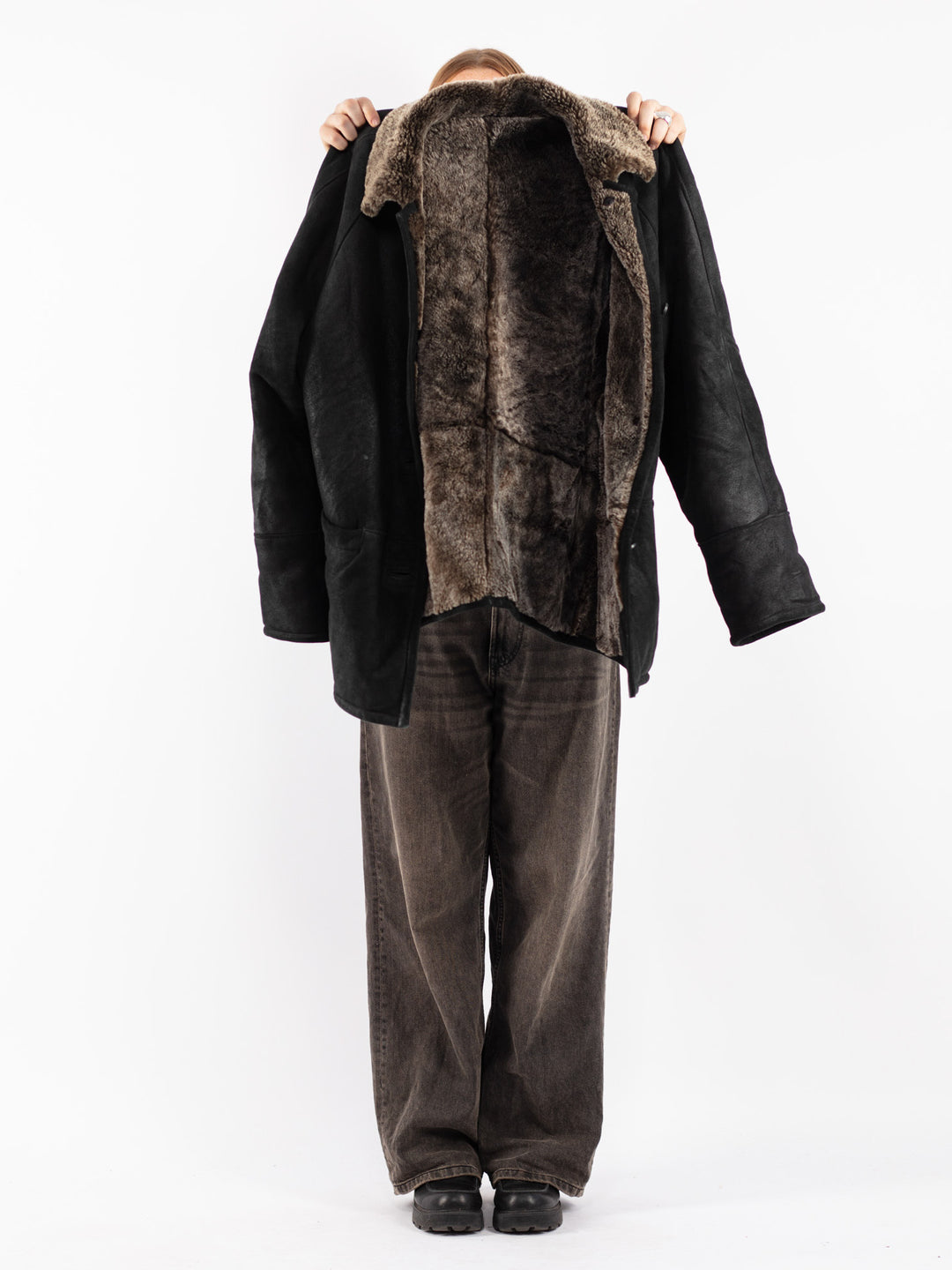 Vintage 90's Women Sheepskin Coat in Black