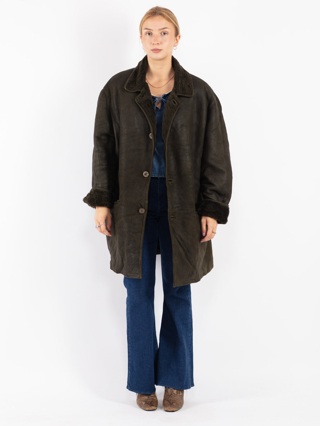 Vintage 90's Women Sheepskin Shearling Coat in Green