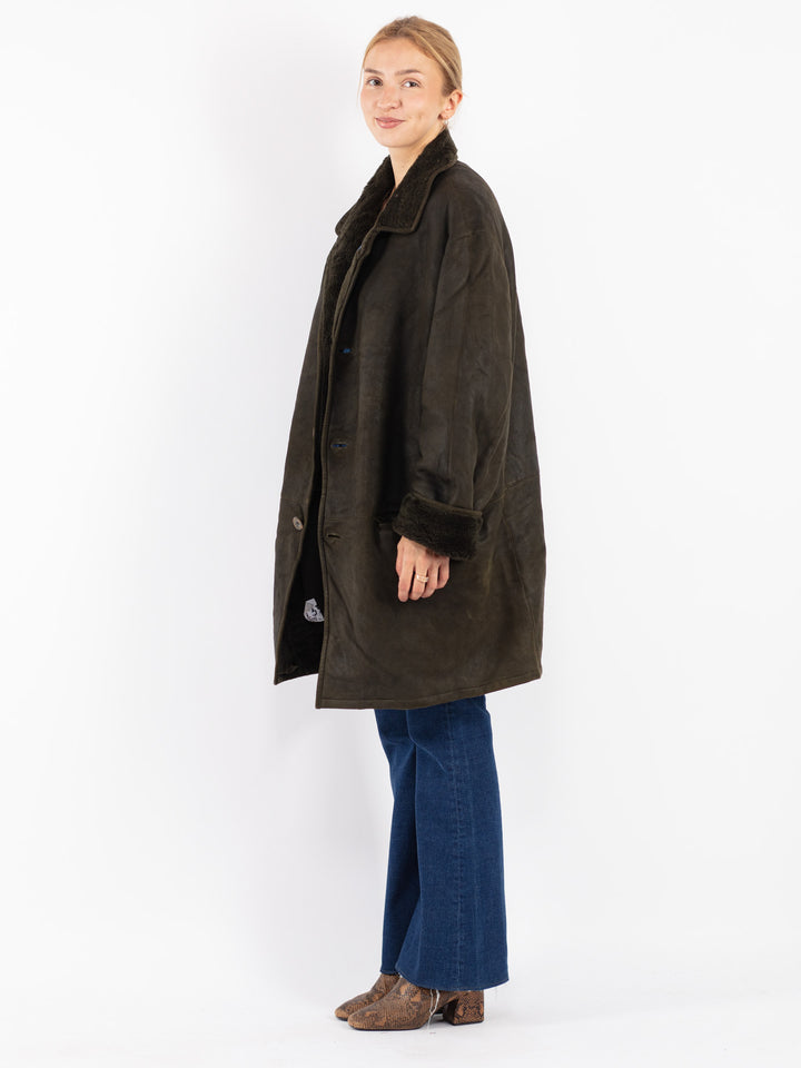 Vintage 90's Women Sheepskin Shearling Coat in Green