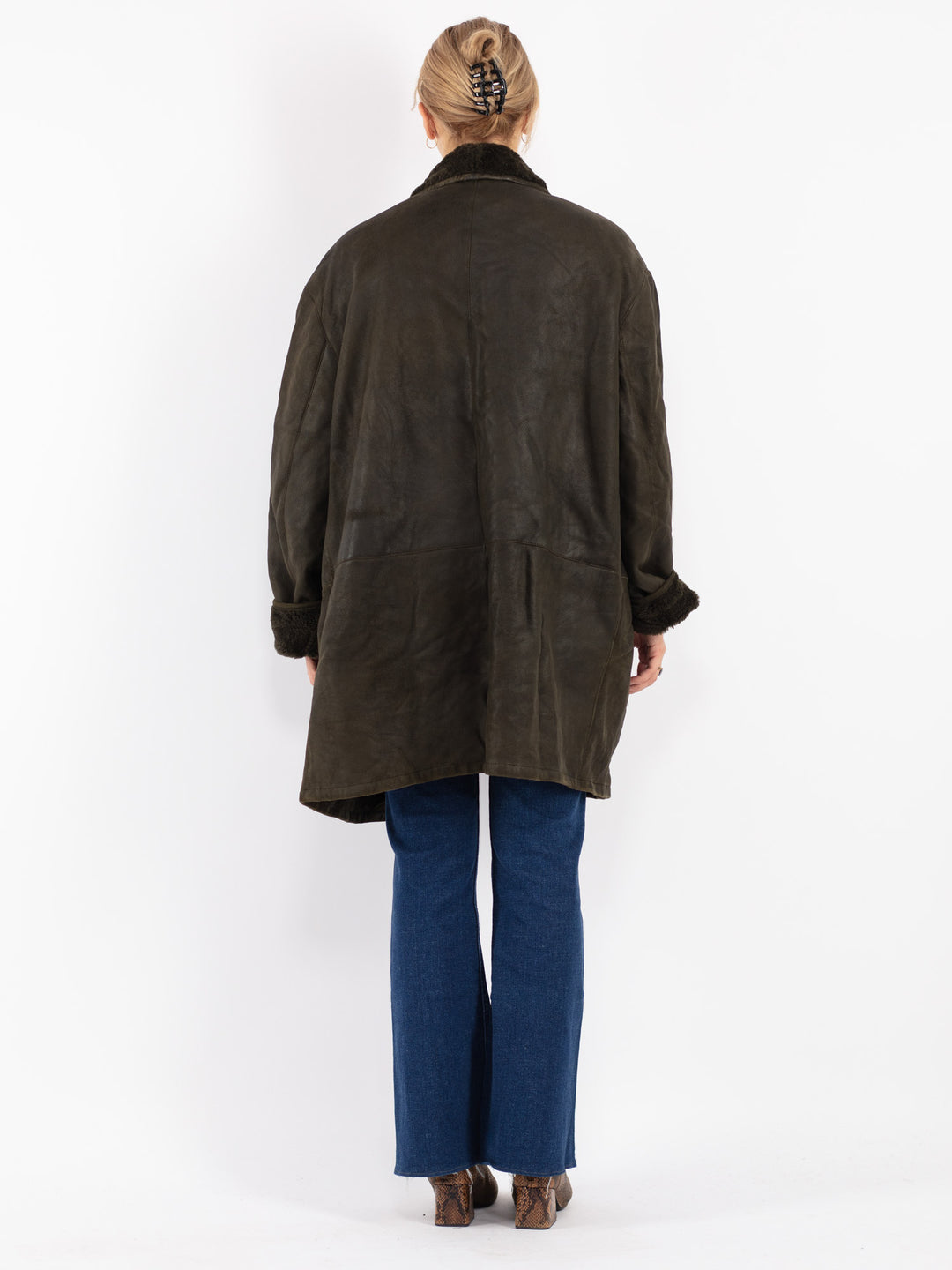 Vintage 90's Women Sheepskin Shearling Coat in Green