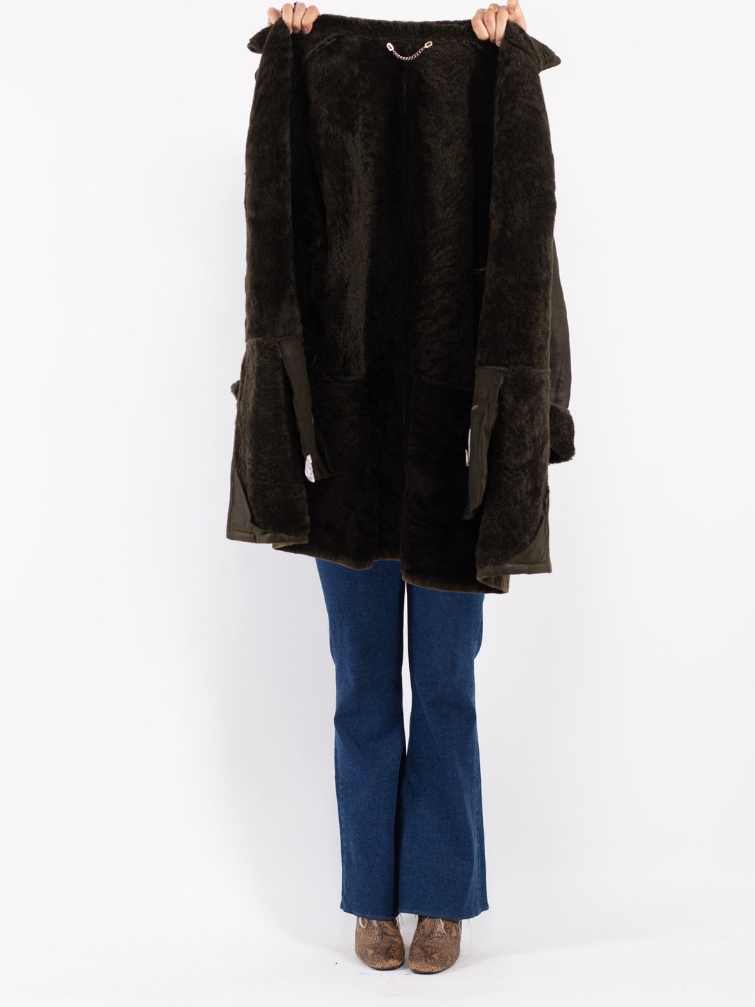 Vintage 90's Women Sheepskin Shearling Coat in Green