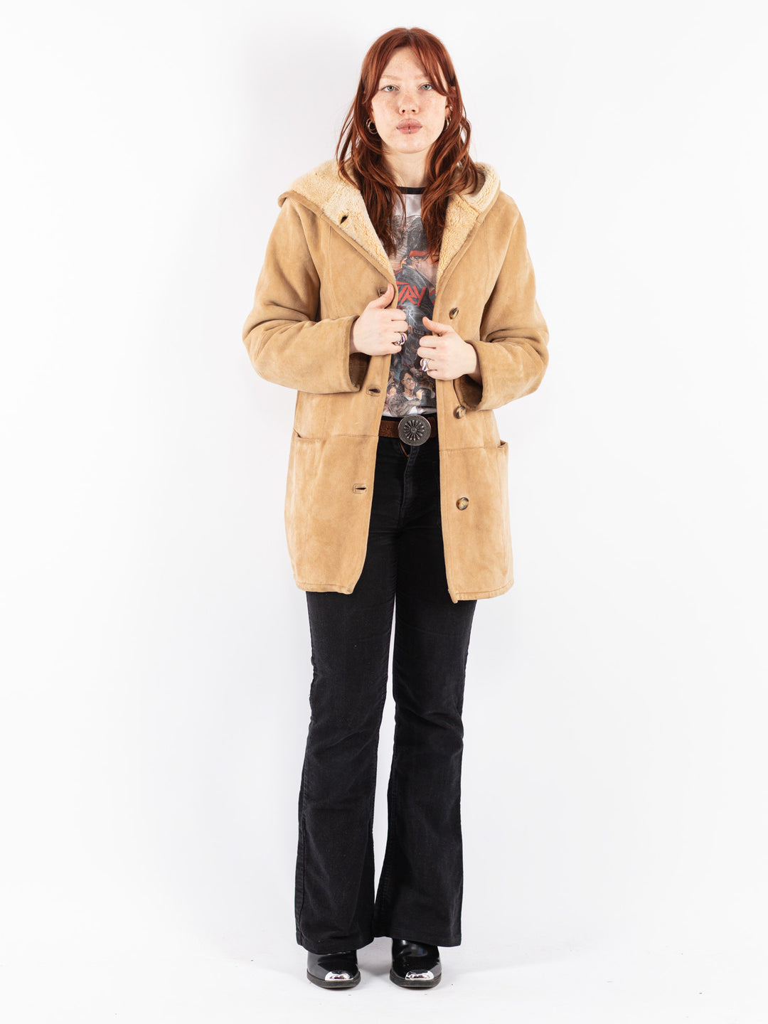 Vintage 90's Women Sheepskin Coat in Beige