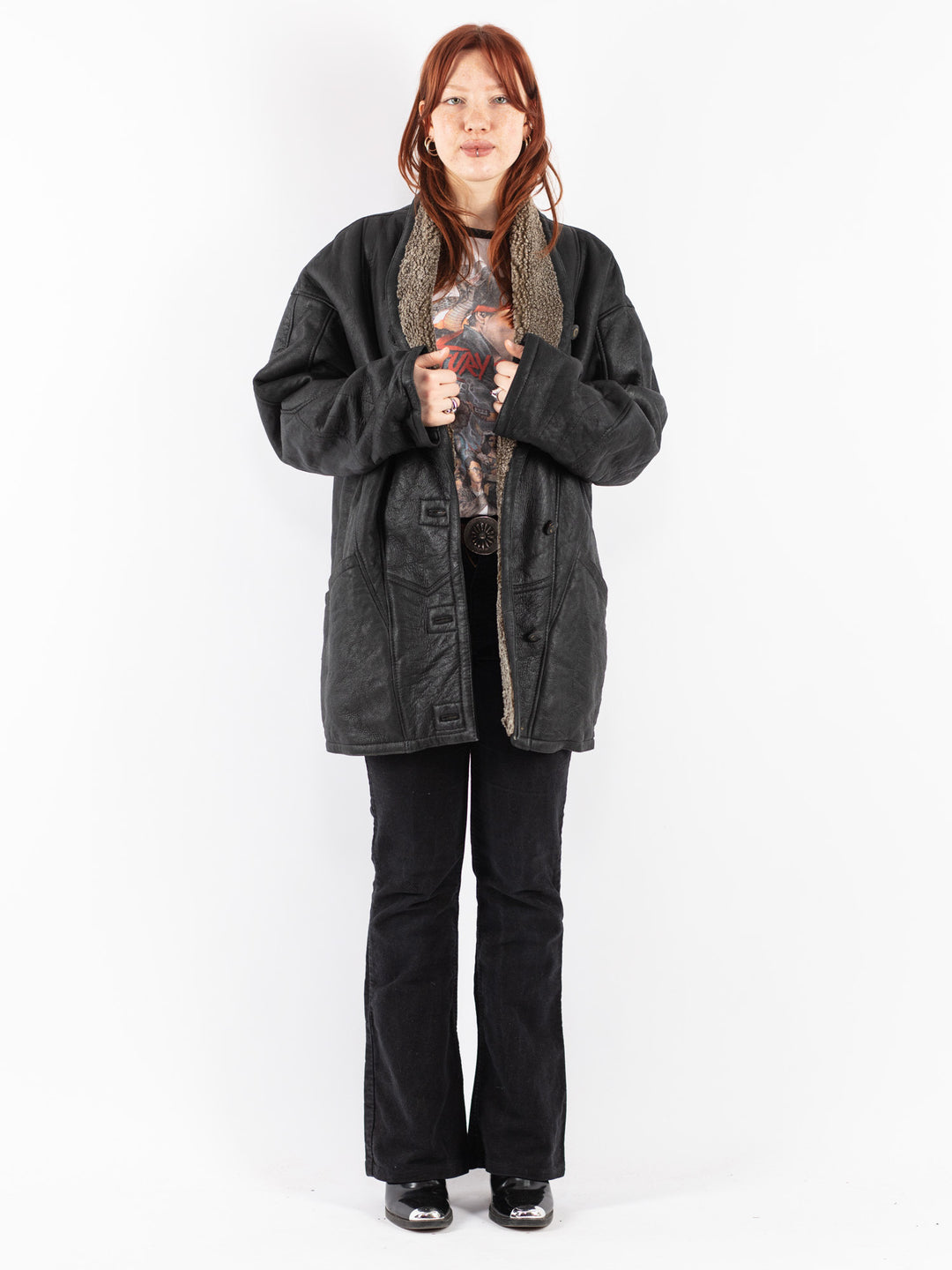 Vintage 90's Women Sheepskin Coat in Black
