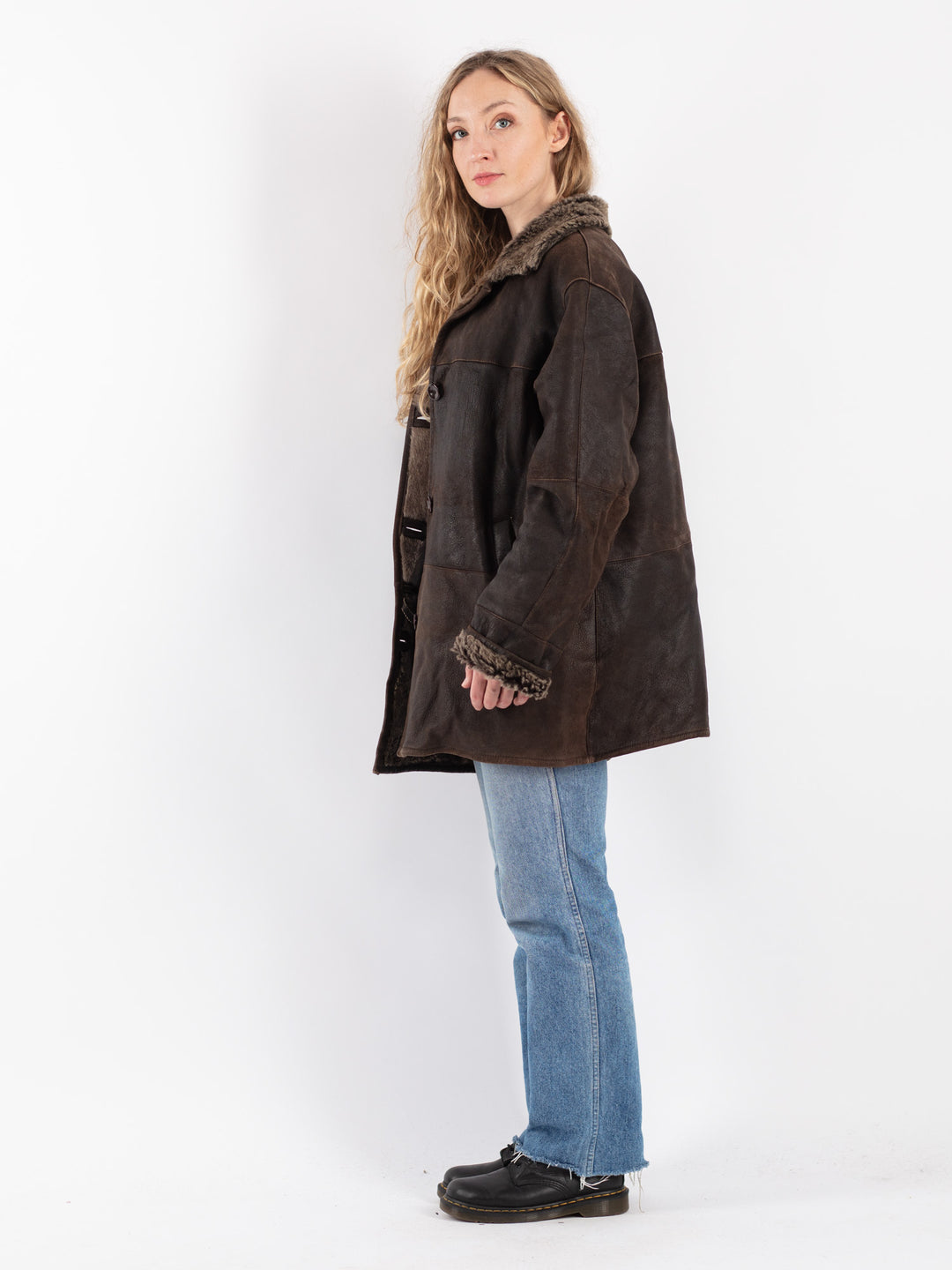 Vintage 90's Women Sheepskin Shearling Coat in Brown
