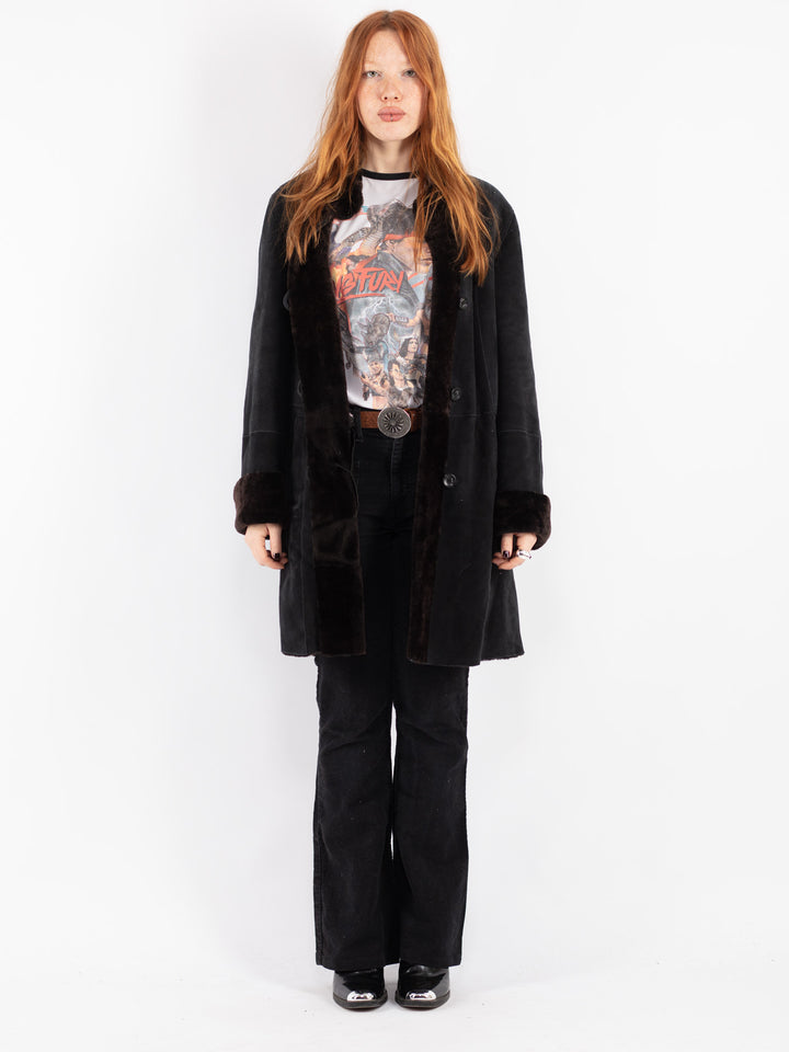Vintage 90's Women Sheepskin Coat in Black