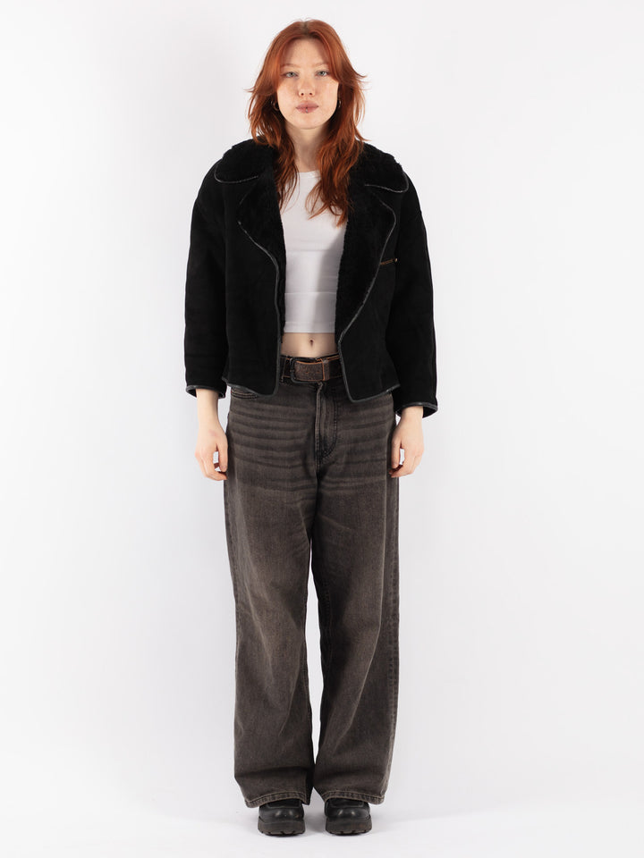 Vintage 90's Women Sheepskin Jacket in Black