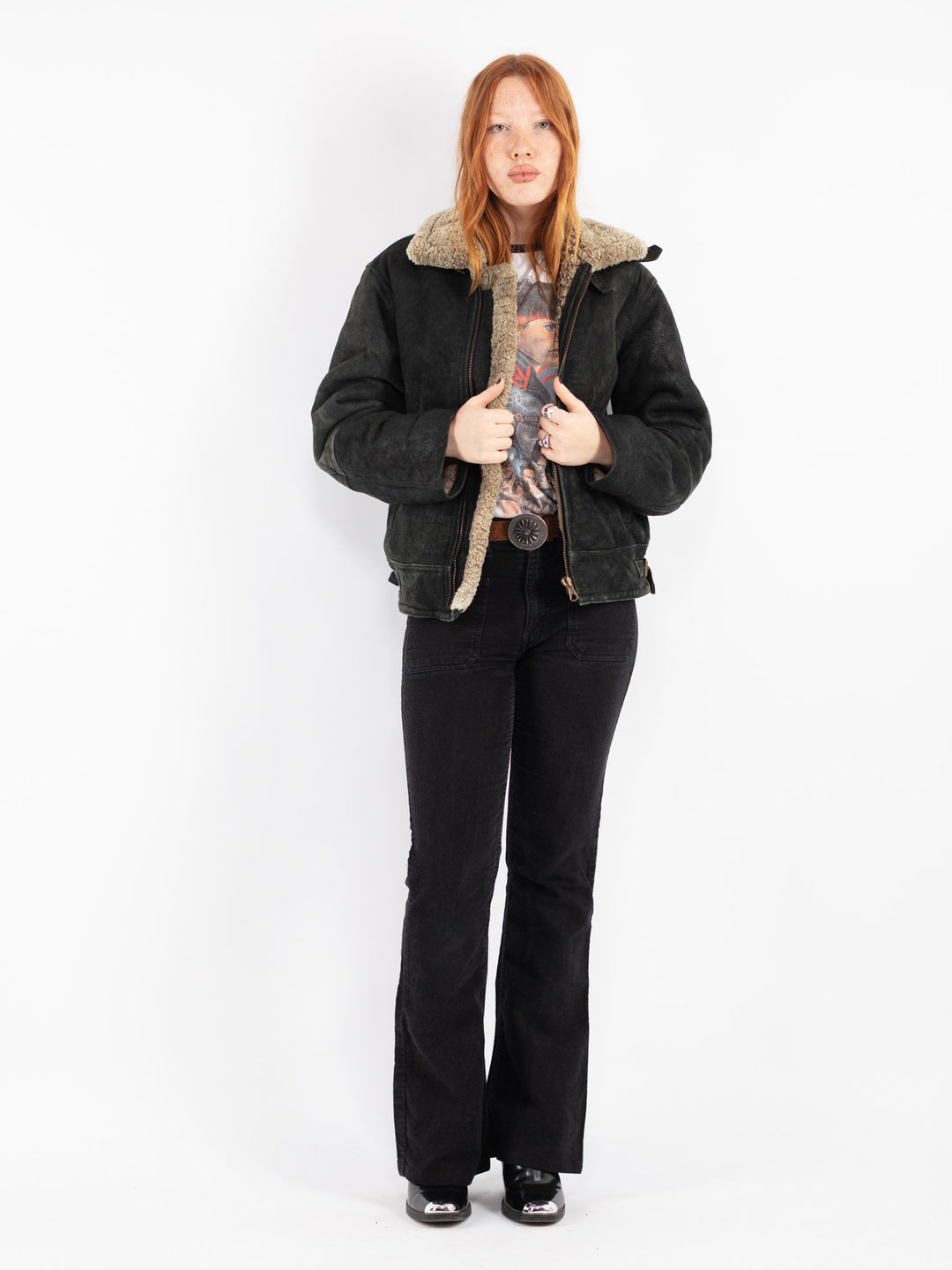 Vintage 90's Women Sheepskin Shearling Jacket in Black