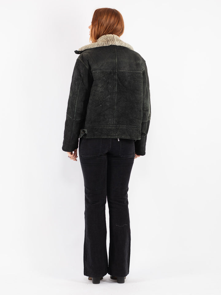 Vintage 90's Women Sheepskin Shearling Jacket in Black