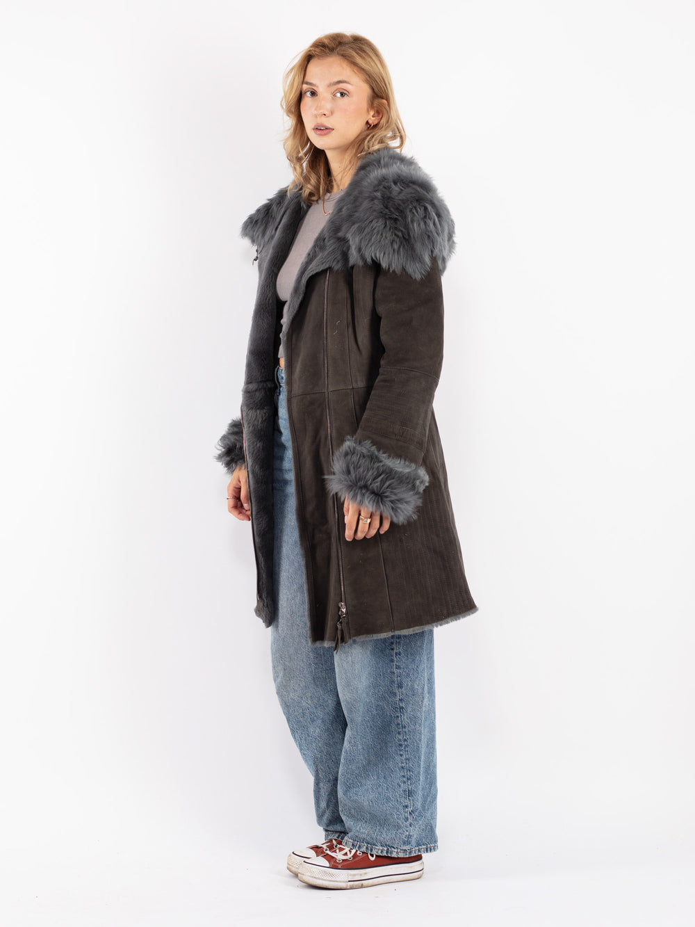 Vintage 90's Women Sheepskin Shearling Coat in Gray