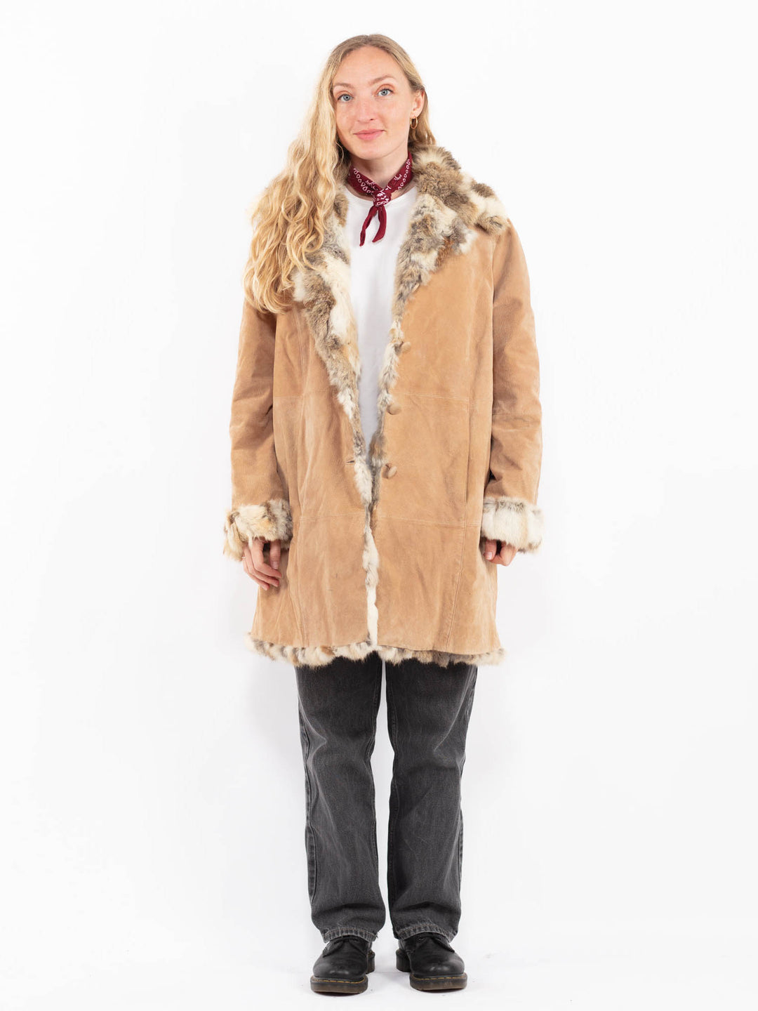 Vintage 90's Penny Lane Suede Fur Coat in Beige