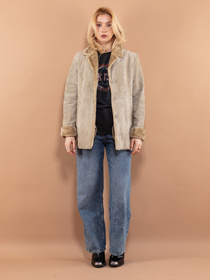 Vintage 90's Women Suede Sherpa Coat in Beige - NorthernGrip