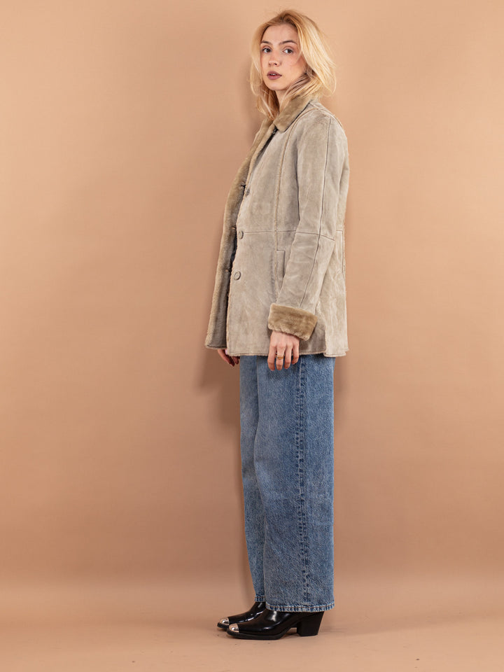 Vintage 90's Women Suede Sherpa Coat in Beige - NorthernGrip