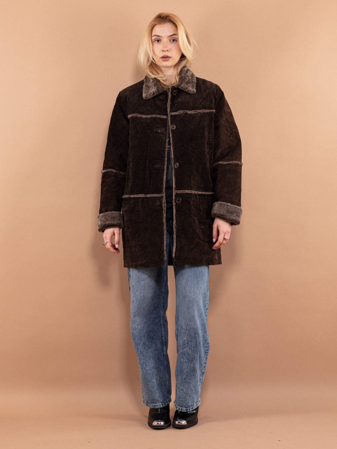 Vintage 90's Women Suede Sherpa Coat in Brown - NorthernGrip