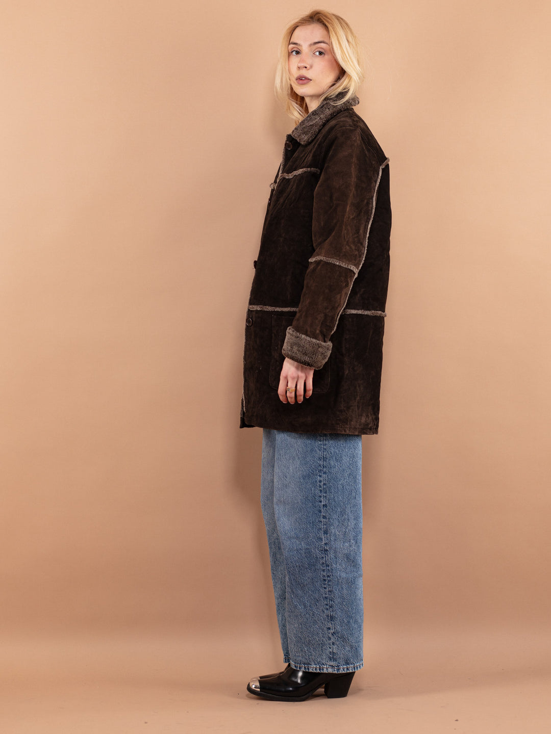 Vintage 90's Women Suede Sherpa Coat in Brown - NorthernGrip