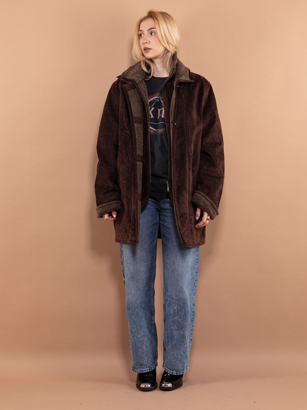 Vintage 90's Women Suede Sherpa Coat in Brown - NorthernGrip