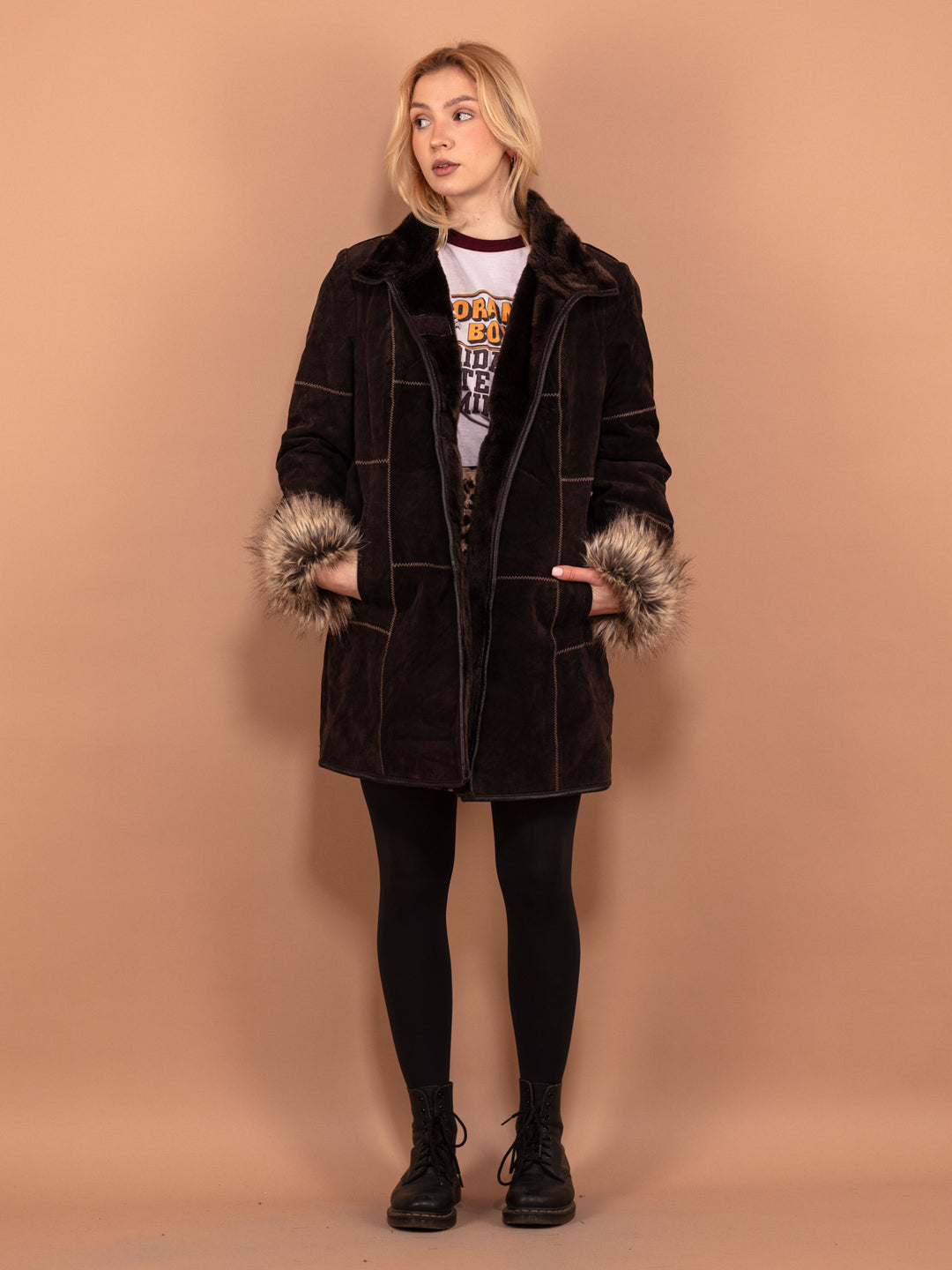 Vintage 90's Women Suede Sherpa Coat in Brown - NorthernGrip