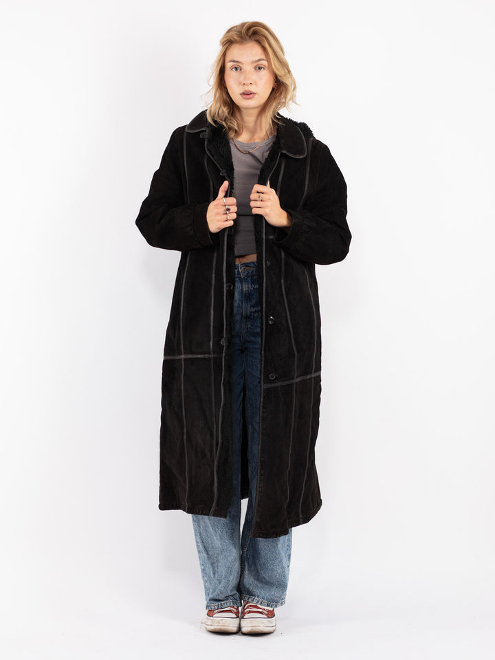 Vintage 90's Women Suede Sherpa Coat in Black