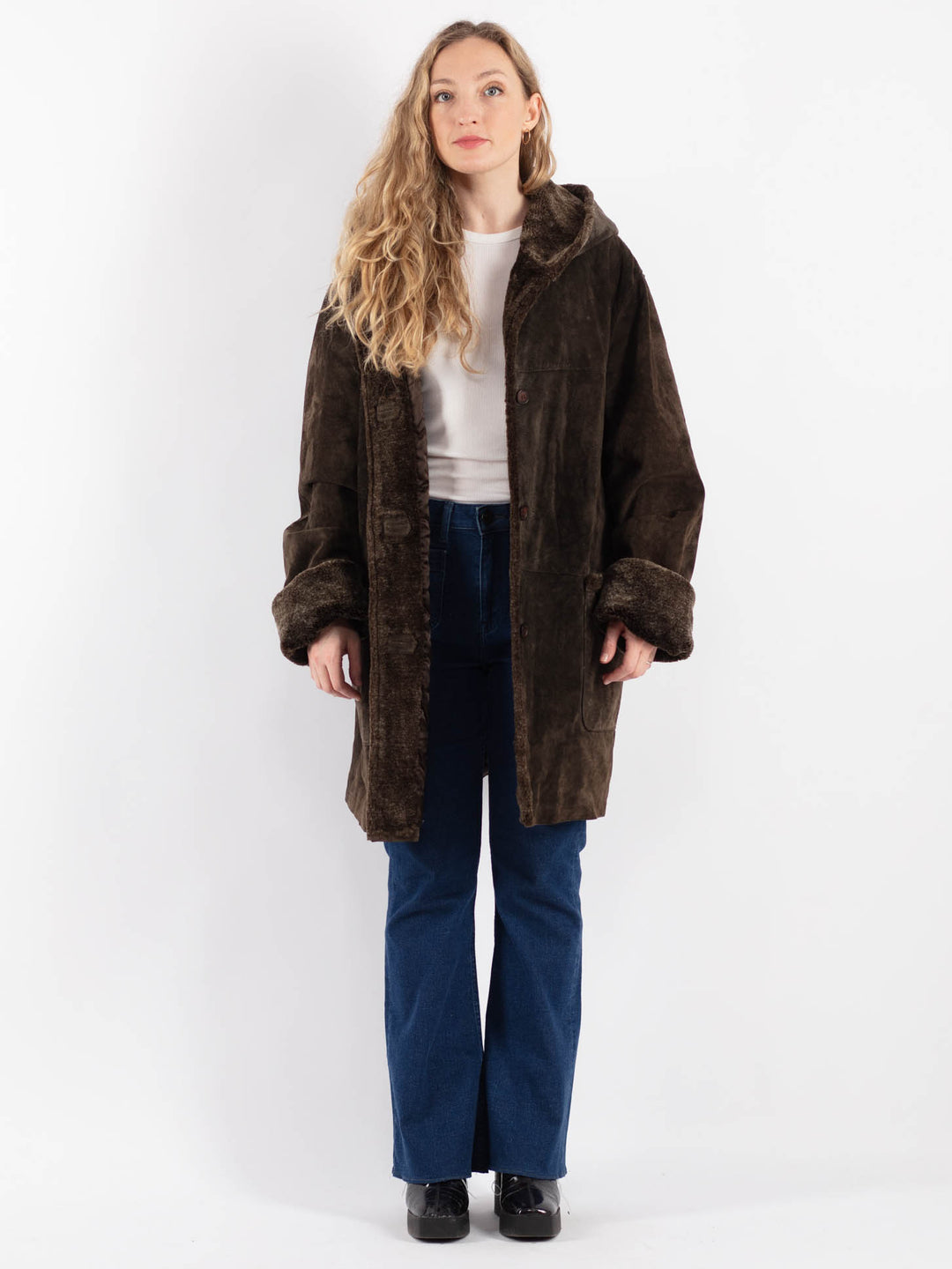 Vintage 90's Women Suede Sherpa Coat in Brown