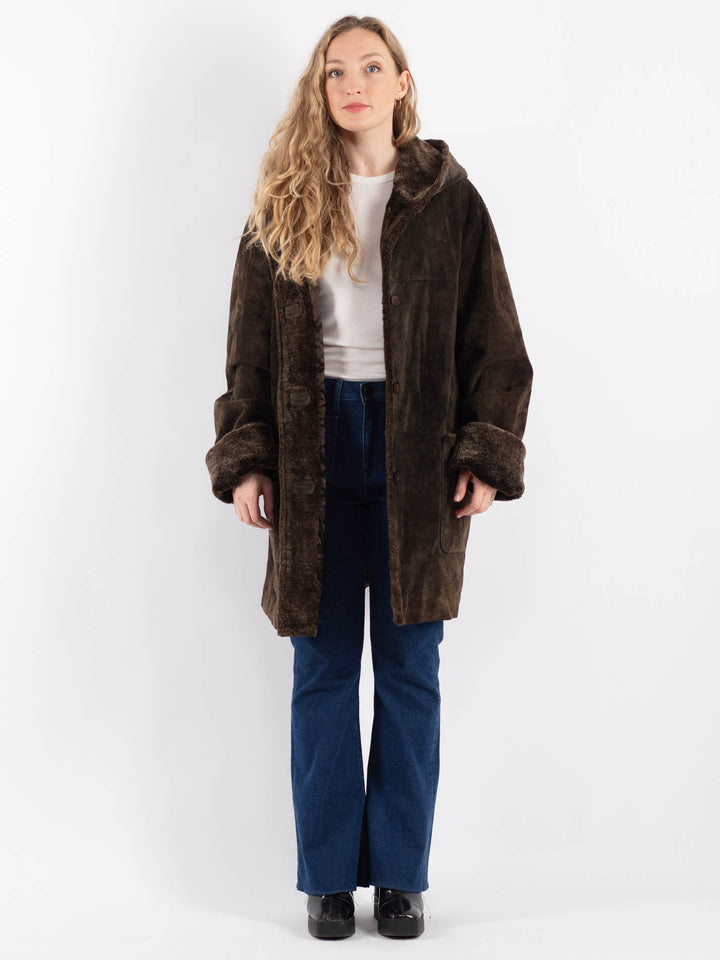 Vintage 90's Women Suede Sherpa Coat in Brown