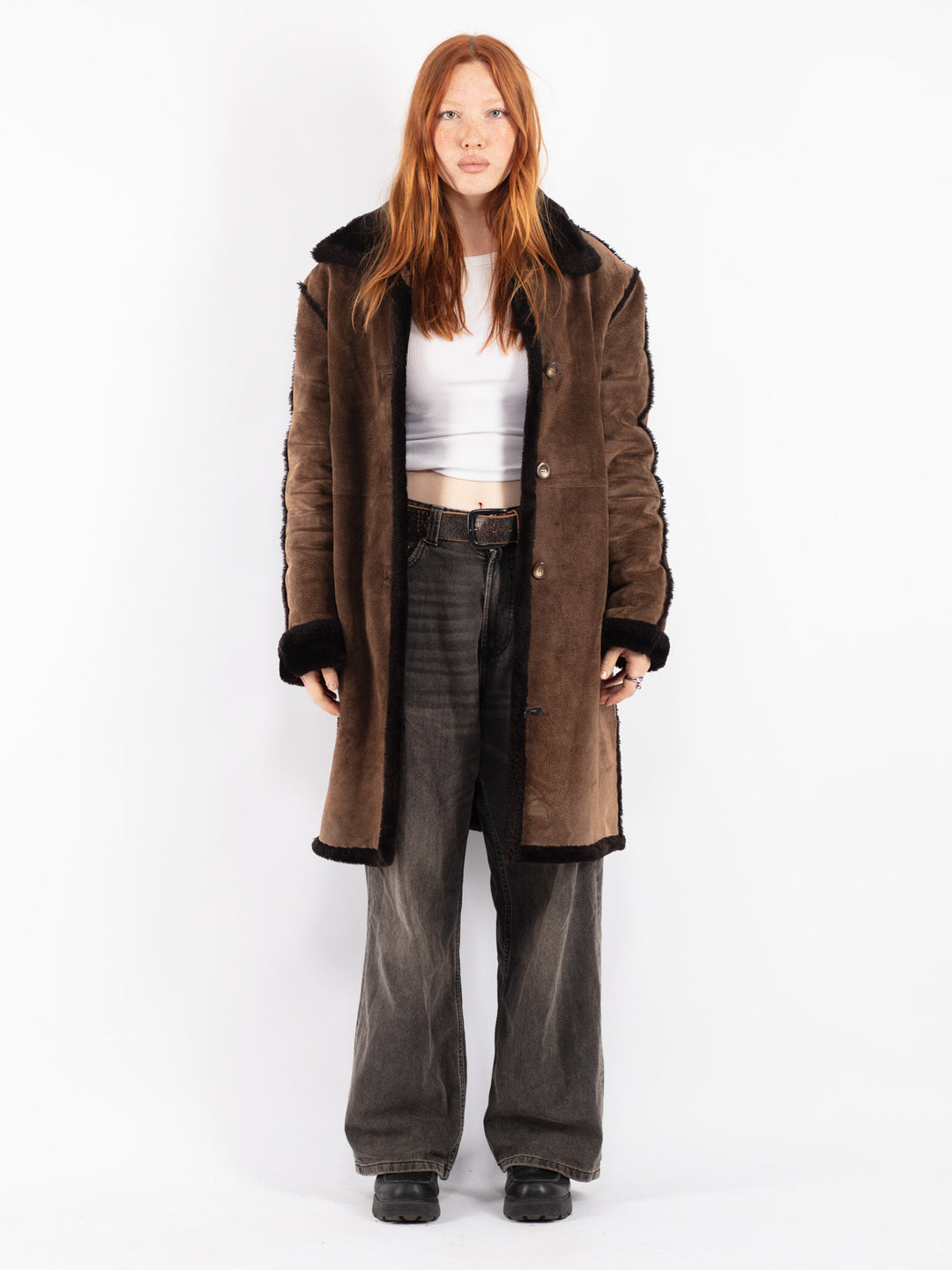 Vintage 90's Women Suede Sherpa Coat in Brown