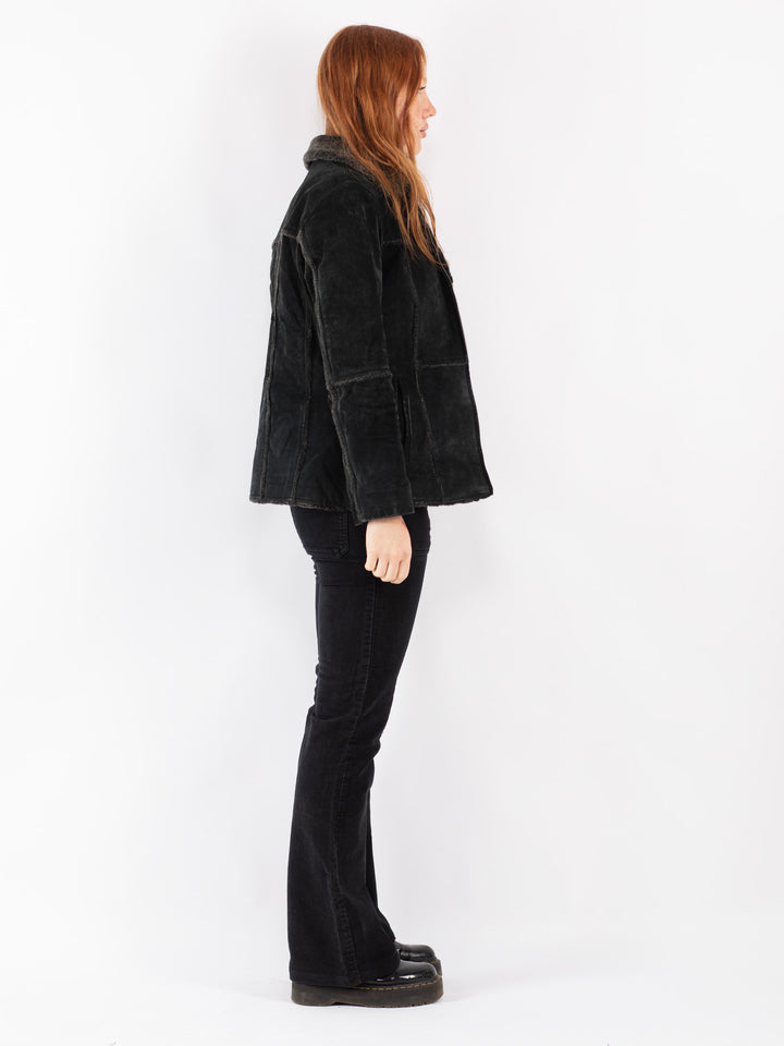 Vintage 90's Women Suede Sherpa Jacket in Black