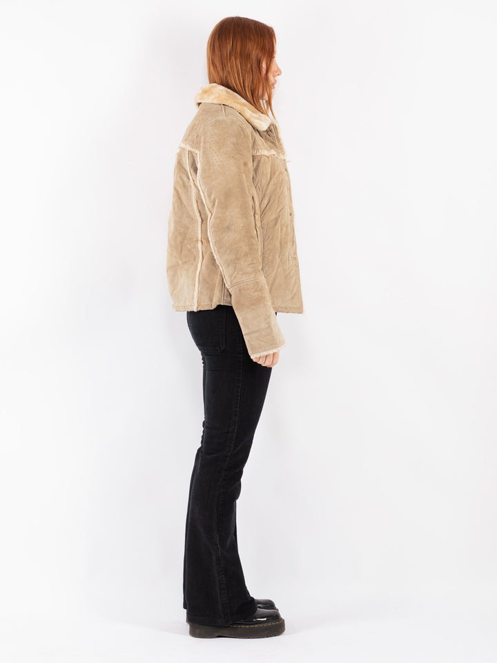 Vintage 90's Women Suede Sherpa Jacket in Beige