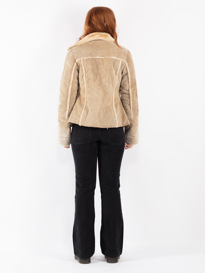 Vintage 90's Women Suede Sherpa Jacket in Beige