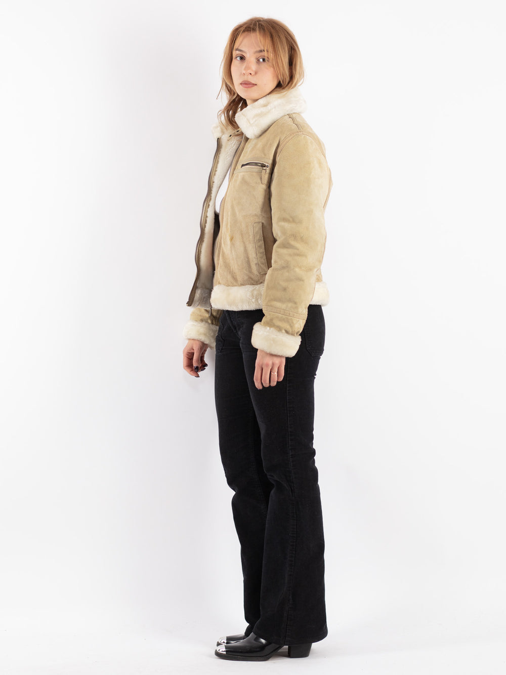 Vintage 90's Women Suede Sherpa Vest in Beige